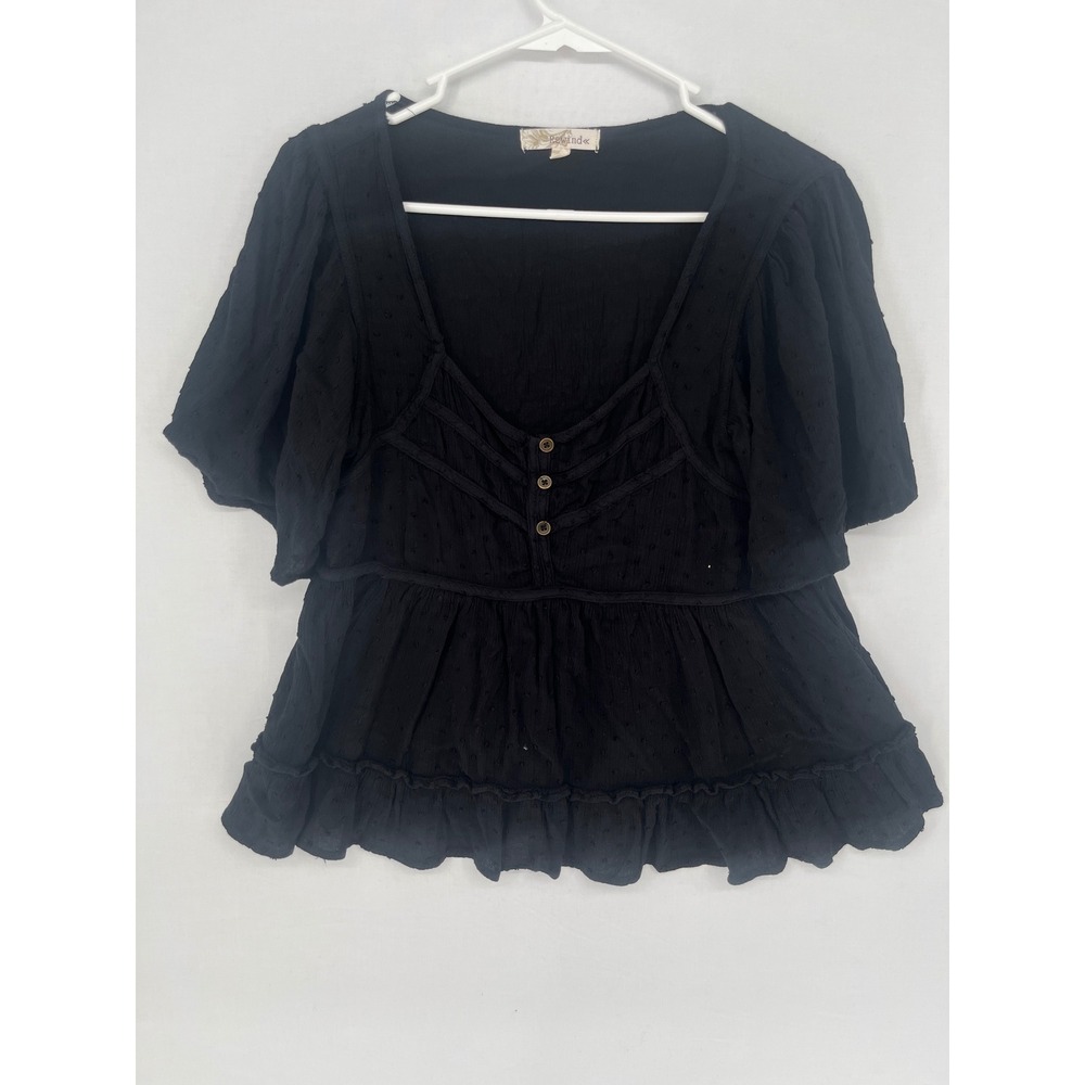 Rewind Women Black Swiss Dot Peplum Top Short Sleeve V-Neck Boho Blouse Large